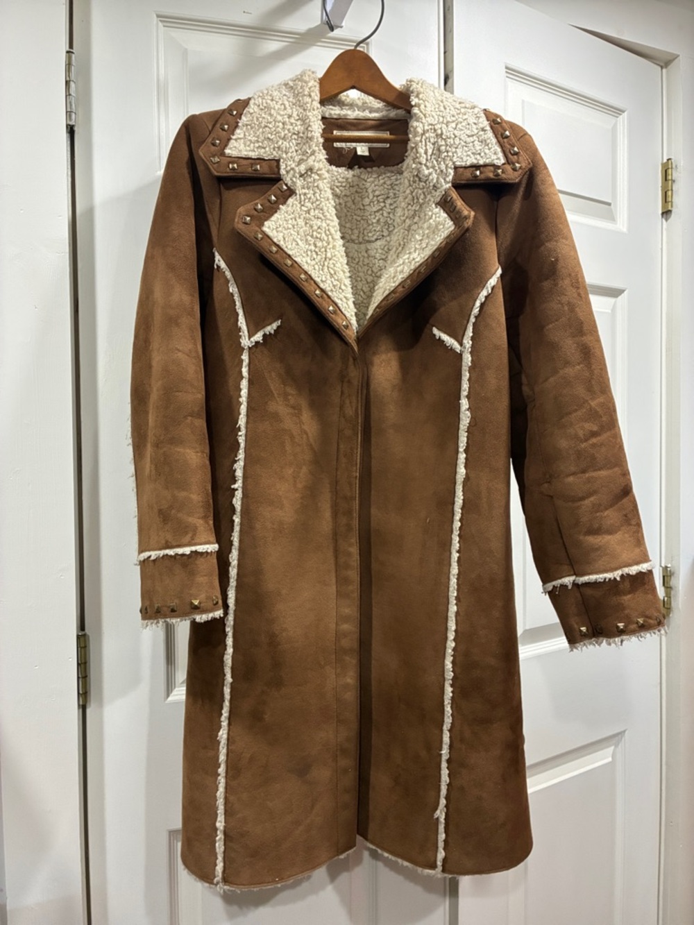 Classic Brown Faux Shearling Long Coat with Stud Trim